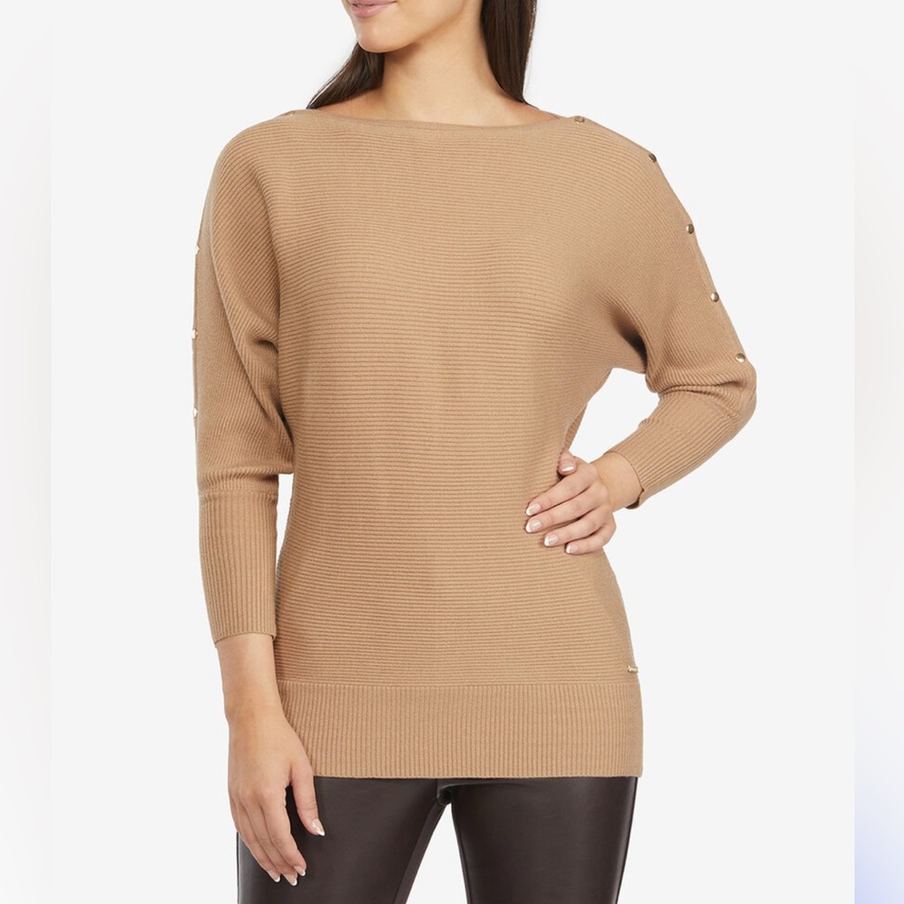 BEBE Boat Neck Brown Ribbed Sweater with Gold Snap Sleeve Closures size M